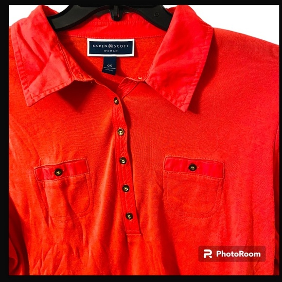 Karen Scott Women’s Orange Quarter Sleeves Pullover Button Collar Polo Shirt - Picture 4 of 6